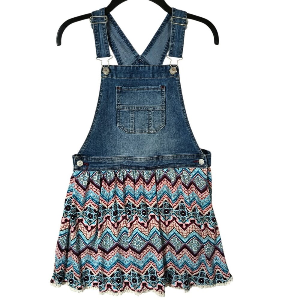 Jordache Overall Girl Dress XL 14-16 Southwestern Print Skirt Denim Fringe